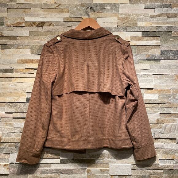 Chico’s 1 M Faux Suede Perforated Jacket | Mocha Chocolate Brown, Utility Moto - Picture 3 of 7